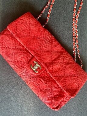 CHANEL Red Quilted Python Single Flap Shoulder Bag with Silver  Hardware .rare